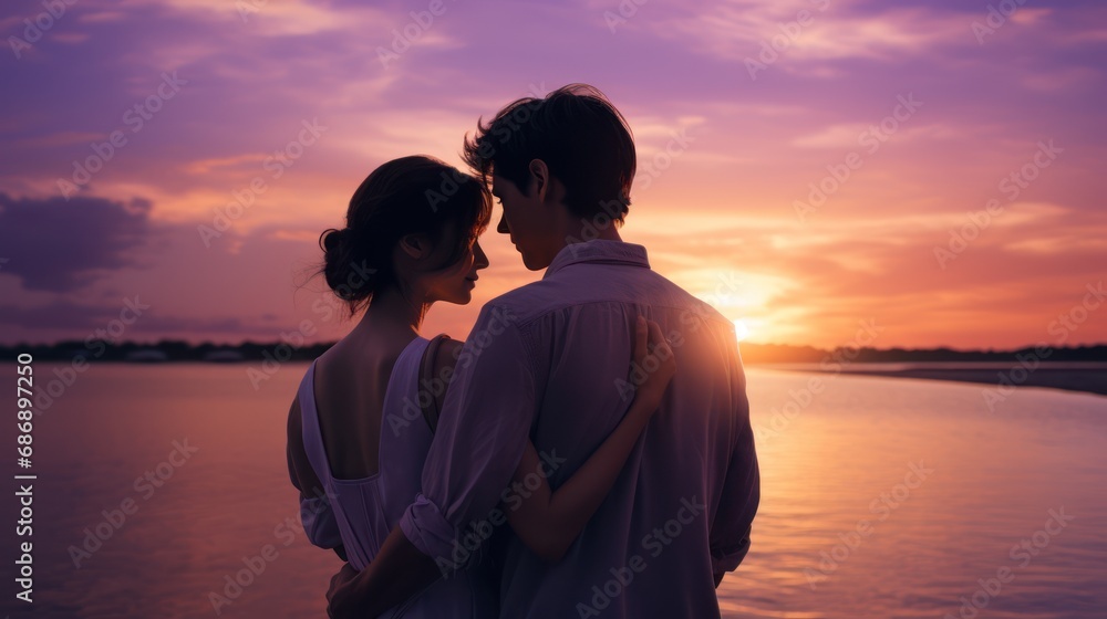 Romantic young couple standing on the beach and looking at the sunset