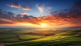 Generative AI : Sunrise over a vast expanse of farmland in spring.
