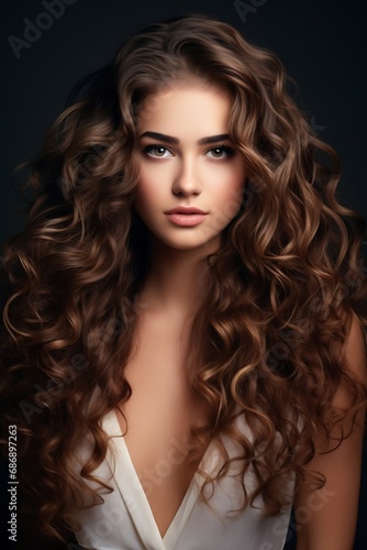 Generative AI : Brunette girl with long and shiny wavy hair . Beautiful model with curly hairstyle .