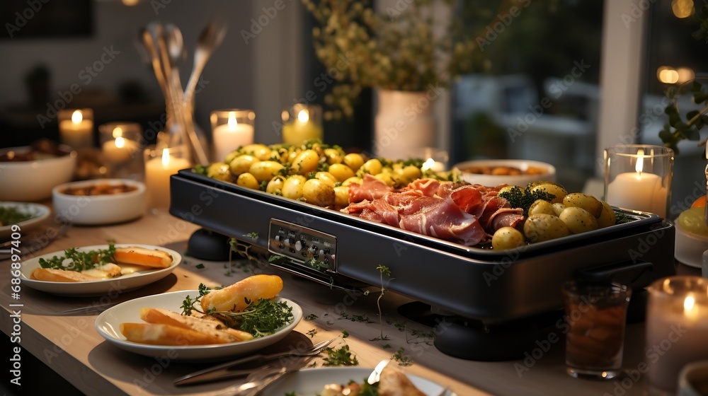 Photo of hot vegetables and sausage on raclette.