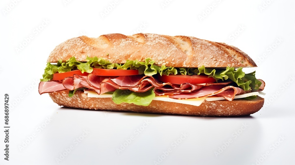 Generative AI : Sandwich with ham, cheese and vegetables isolated on a white background Generative AI : Sandwich with ham, cheese and vegetables isolated on a white background