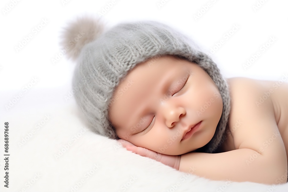 Generative AI : Sleeping newborn boy in the first days of life on white background Generative AI : Sleeping newborn boy in the first days of life on white background