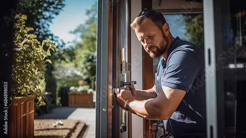 Generative AI : A young locksmith is fixing the lock cylinder on the front door of a house