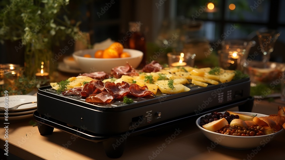 Photo of hot vegetables and sausage on raclette.