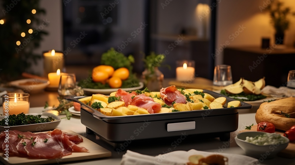 Generative AI : food photo of a raclette, set amidst a modern living room