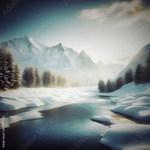 Snow Forest Mountain Tree Landscape Winter environment. A serene winter landscape with a snow covered forest and mountain range, gleaming peaks, snow laden slopes