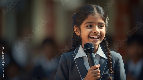 Generative AI : A happy south indian 10 year old girl in school uniform holding a mic in her hand. photo