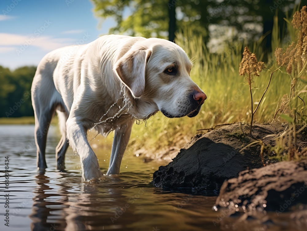 Generative AI : A white labrador drinks water by the river