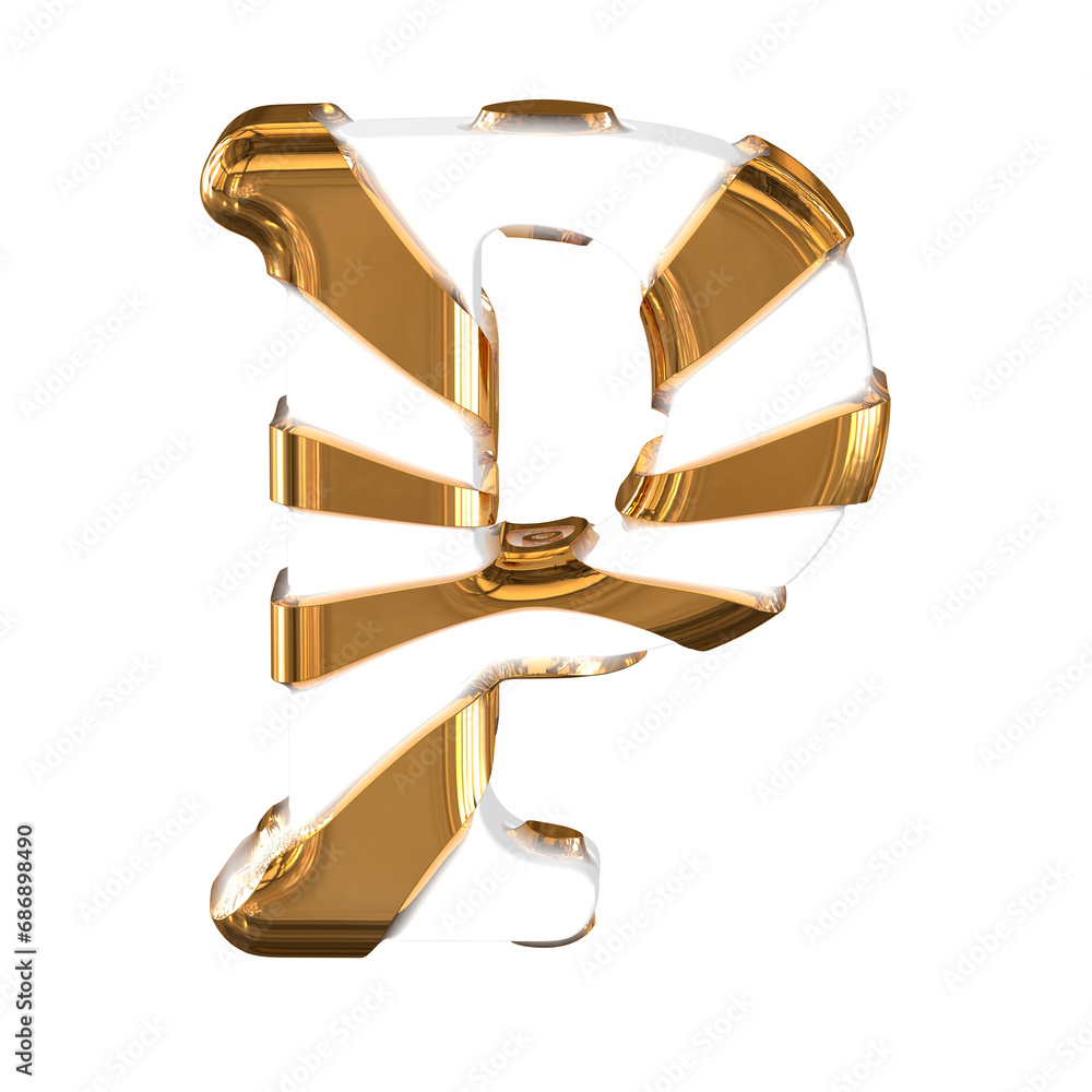 White symbol with thick gold straps. letter p