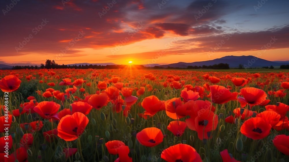 Generative AI : Sunset over field with Red poppies in summer