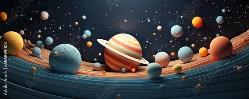Abstract space background with planets from colored paper. AI generated.