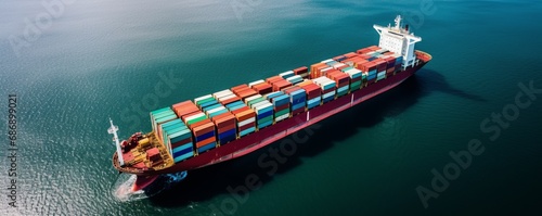Top view of a container ship in the vast ocean, serving as a vital link for global business logistics, freight shipping, import, export.