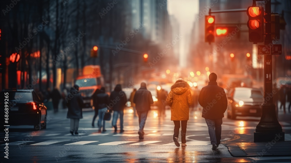 Blurry city street scene. People crossing the street while the traffic lights and cars. AI generated.