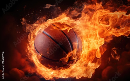 Fiery basketball ball flying into the basket, black background