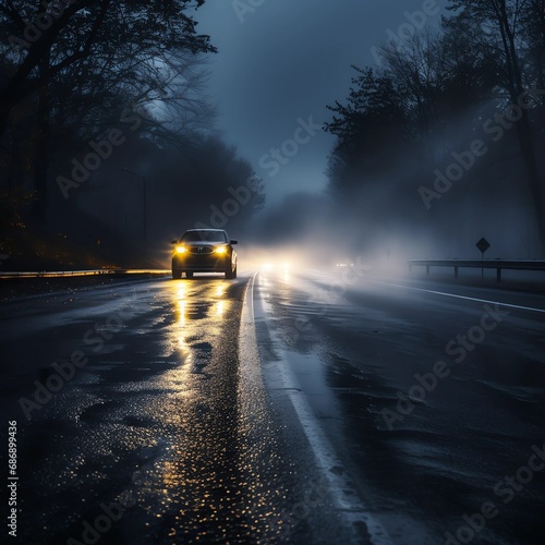 dangerous autumn road in fog and rain, slippery asphalt twilight on the highway car concept background photo