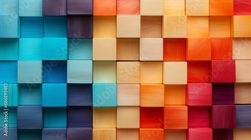 Background of colorful wooden blocks aligned. Wide format. Hand edited. AI generated.