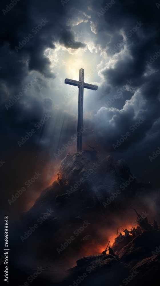 Obraz premium Holy cross of Jesus Christ with the sky over Golgotha Hill is shrouded in light and clouds. AI generated.