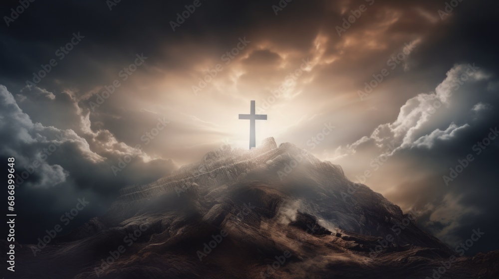 Holy cross of Jesus Christ with the sky over Golgotha Hill is shrouded in light and clouds. AI generated.