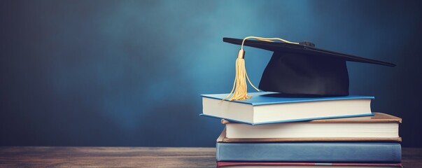 Graduation hat and stack of study books. Concept of learning, education and graduation with copy space for text. AI generated.