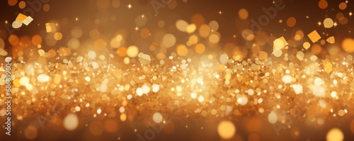 Golden New year or Christmas holidays particles and sprinkles for a holiday celebration. Shiny golden lights. Wallpaper background for ads or gifts wrap and web design.