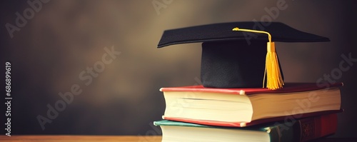 Graduation hat and stack of study books. Concept of learning  education and graduation with copy space for text. AI generated.