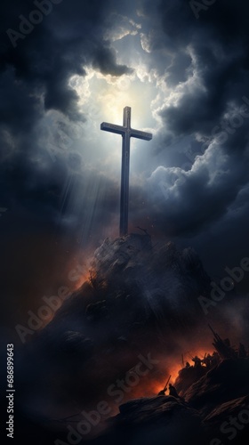 Holy cross of Jesus Christ with the sky over Golgotha Hill is shrouded in light and clouds. AI generated.