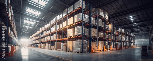 Huge Distribution Warehouse with high shelves. Logistic banner concept. Ai generated.
