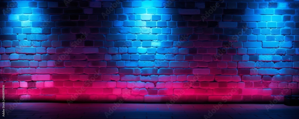 Texture of not plastered brick walls with neon lights. Lighting effect red and blue neon background. AI generated.
