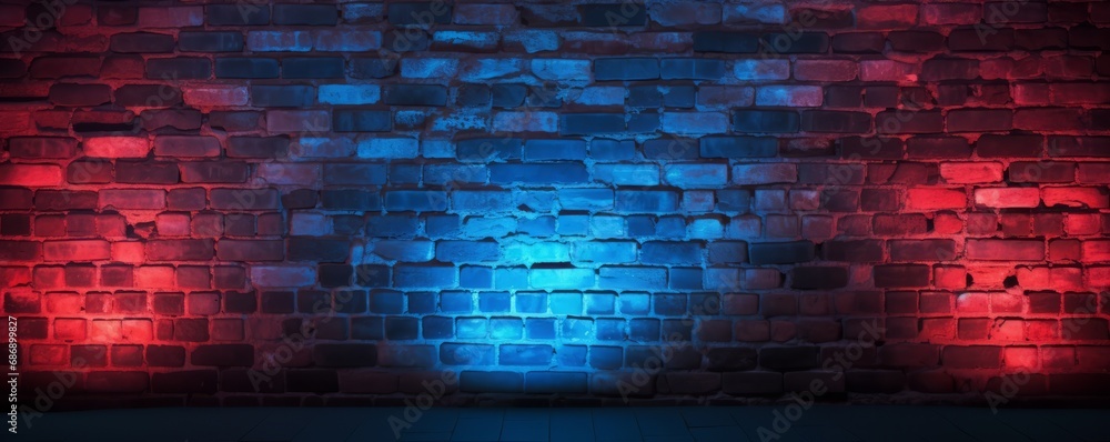 Texture of not plastered brick walls with neon lights. Lighting effect red and blue neon background. AI generated. Texture of not plastered brick walls with neon lights. Lighting effect red and blue neon background. AI generated.