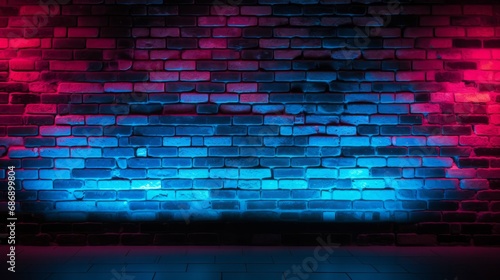 Texture of not plastered brick walls with neon lights. Lighting effect red and blue neon background. AI generated.