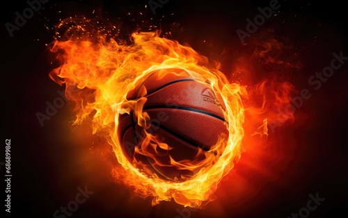 Fiery basketball ball flying into the basket, black background © piai