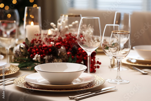 White Christmas family dinner table, with dish sets, bowl plate underplate, wine glasses, cutlery, red decoration in the middle, beige aesthetic.