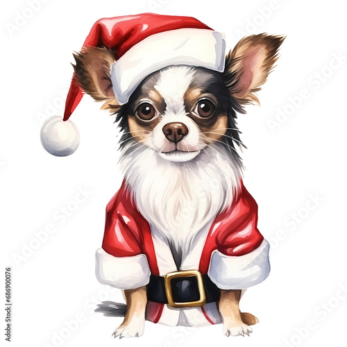 Cute Chihuahua Santa Claus Merry Christmas Watercolor Clipart Illustration © pisan