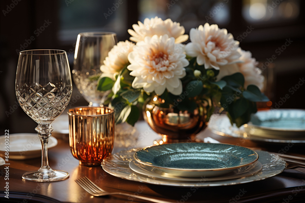 Elegant date table with white plates, wine glasses, cooper pot with white flowers and a candle on a bronze color surface and a blurred cafe in the background.