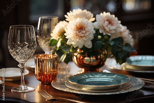 Elegant date table with white plates  wine glasses  cooper pot with white flowers and a candle on a bronze color surface and a blurred cafe in the background.