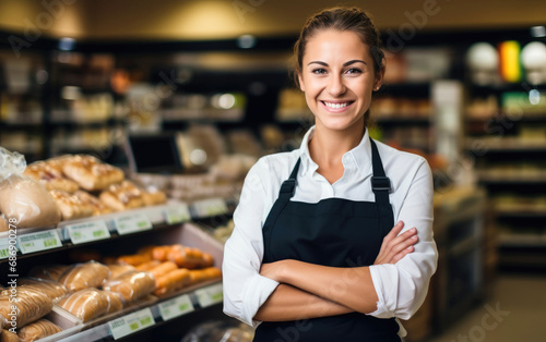 Smiling grocery store assistant with crossed arms in supermarket photo