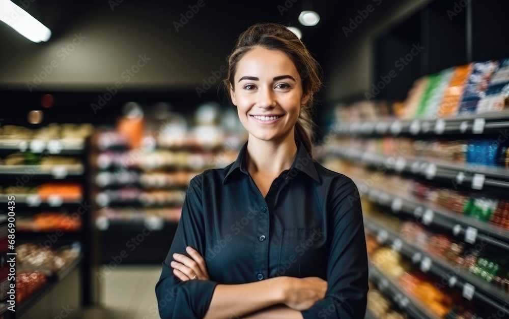 Smiling grocery store assistant with crossed arms in supermarket Smiling grocery store assistant with crossed arms in supermarket