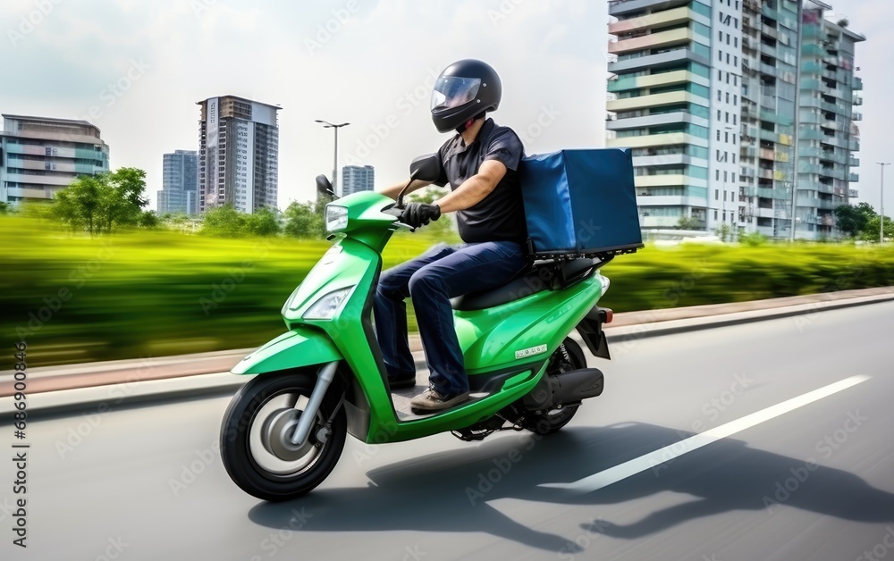 Food delivery man courier using on a scooter with a cube-shaped delivery bag moving fast to deliver address in the city Food delivery man courier using on a scooter with a cube-shaped delivery bag moving fast to deliver address in the city