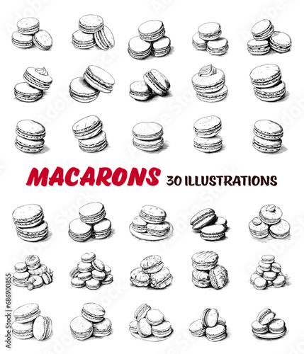 Collection of drawn macarons. Sketch illustration photo