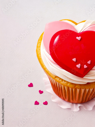A cupcake with a heart-shaped decoration. Banner with copy space for text. Valentines day postcards. Generative AI