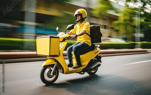 Food delivery man courier using on a scooter with a cube-shaped delivery bag moving fast to deliver address in the city photo