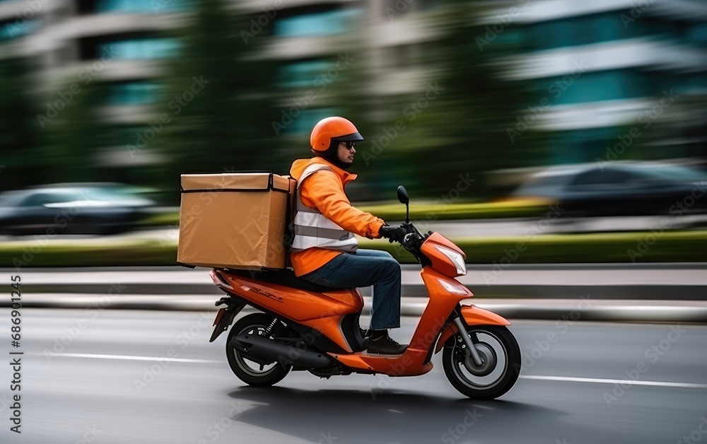 Food delivery man courier using on a scooter with a cube-shaped delivery bag moving fast to deliver address in the city Food delivery man courier using on a scooter with a cube-shaped delivery bag moving fast to deliver address in the city