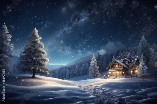Christmas winter night with snow covered landscape, falling snow and milky way.