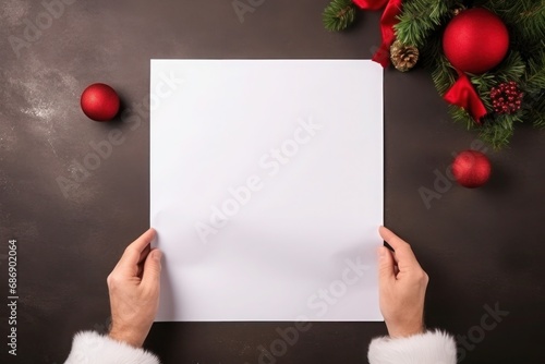 hands holding a sheet of white paper with copy space on Christmas background
