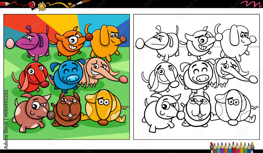 cartoon colorful dogs animal characters group coloring page