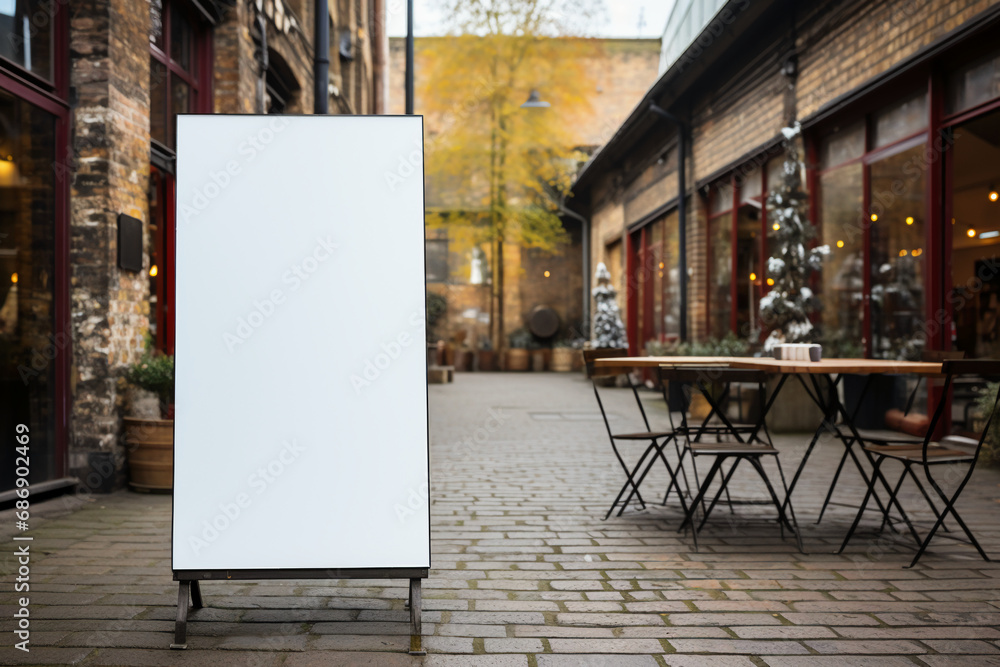 Blank white vertical pylon stand mock up brick building background. AI generative Blank white vertical pylon stand mock up brick building background. AI generative