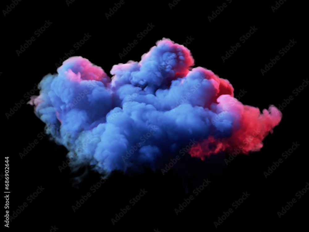 3d rendering, fantasy sky, red blue neon cloud clip art, isolated on black background