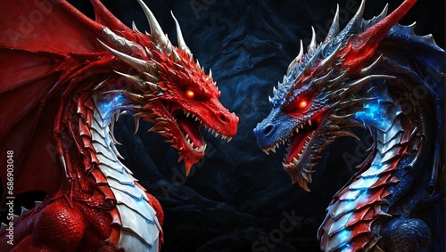 An imaginary scene depicting a blue dragon facing off with a red one, exchanging terrifying glares.