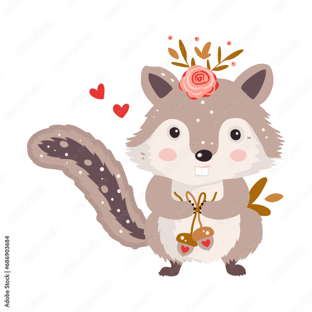 Cute chipmunk hackeehackee animal isolated character with gift and flower Vector happy funny greeting card for Valentine day and birthday. Cute chipmunk hackeehackee animal isolated character with gift and flower Vector happy funny greeting card for Valentine day and birthday.