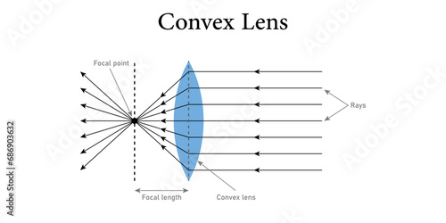 Convex lens diagram. Incident and refracted ray. Beam of light through converging lenses. Scientific resources for teachers and students.